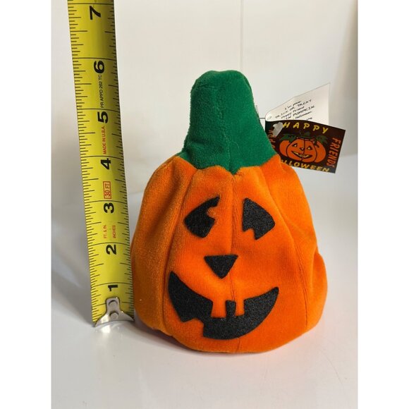 VTG Happy Halloween Floppy Friends Pumpkin Plush Toy Orange Green Stem 6" - Picture 8 of 8